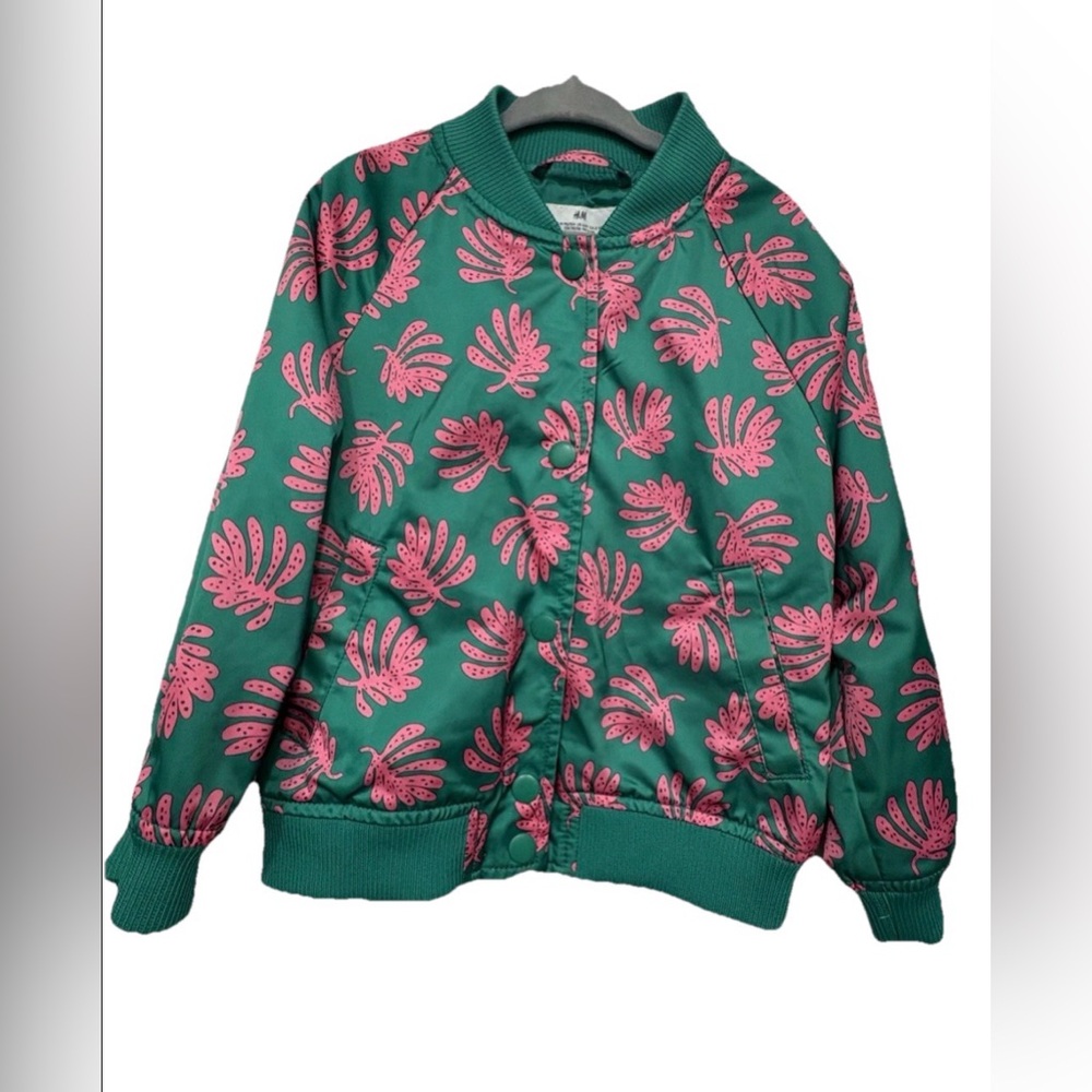 H&M Toddler Girls Green Pink Palm Print Bomber Jacket Snap Front Size 3T 4T